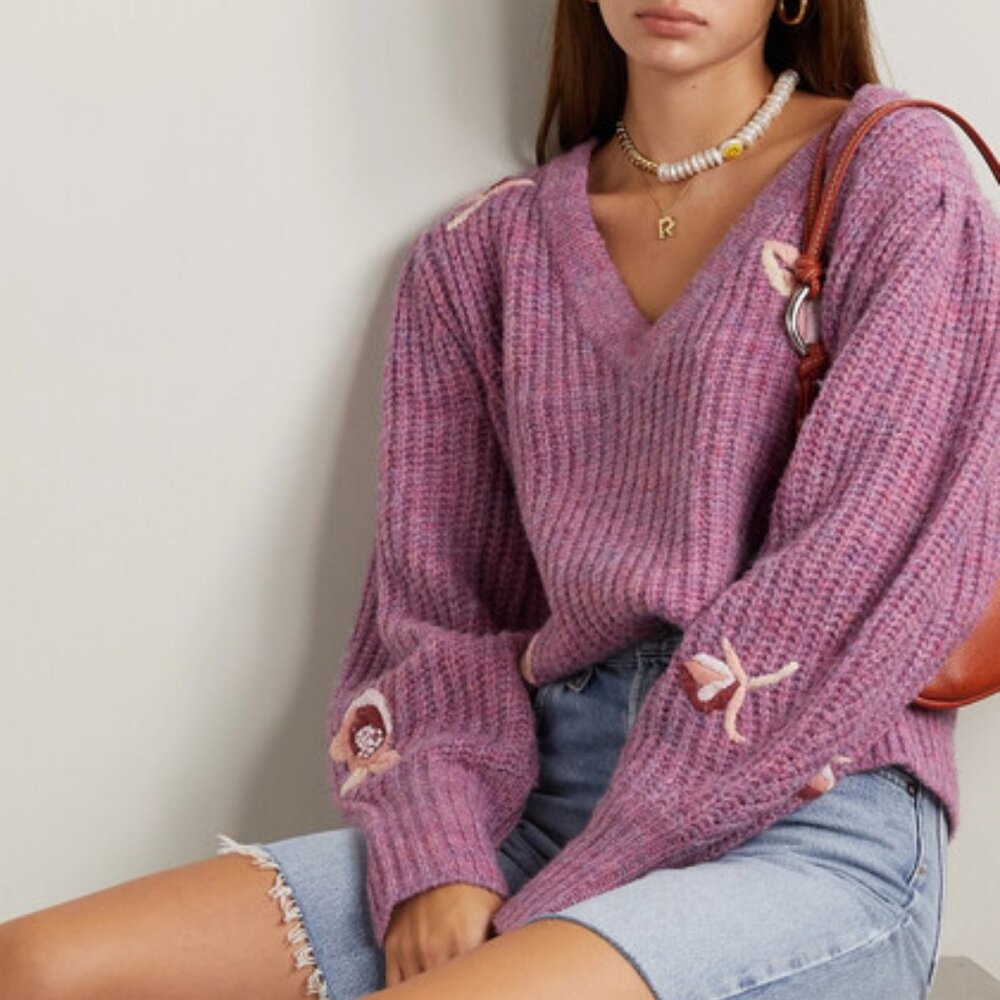 NWT LoveShackFancy Chunky Ridge Sweater with Floral Embroidery in Berry Size SM